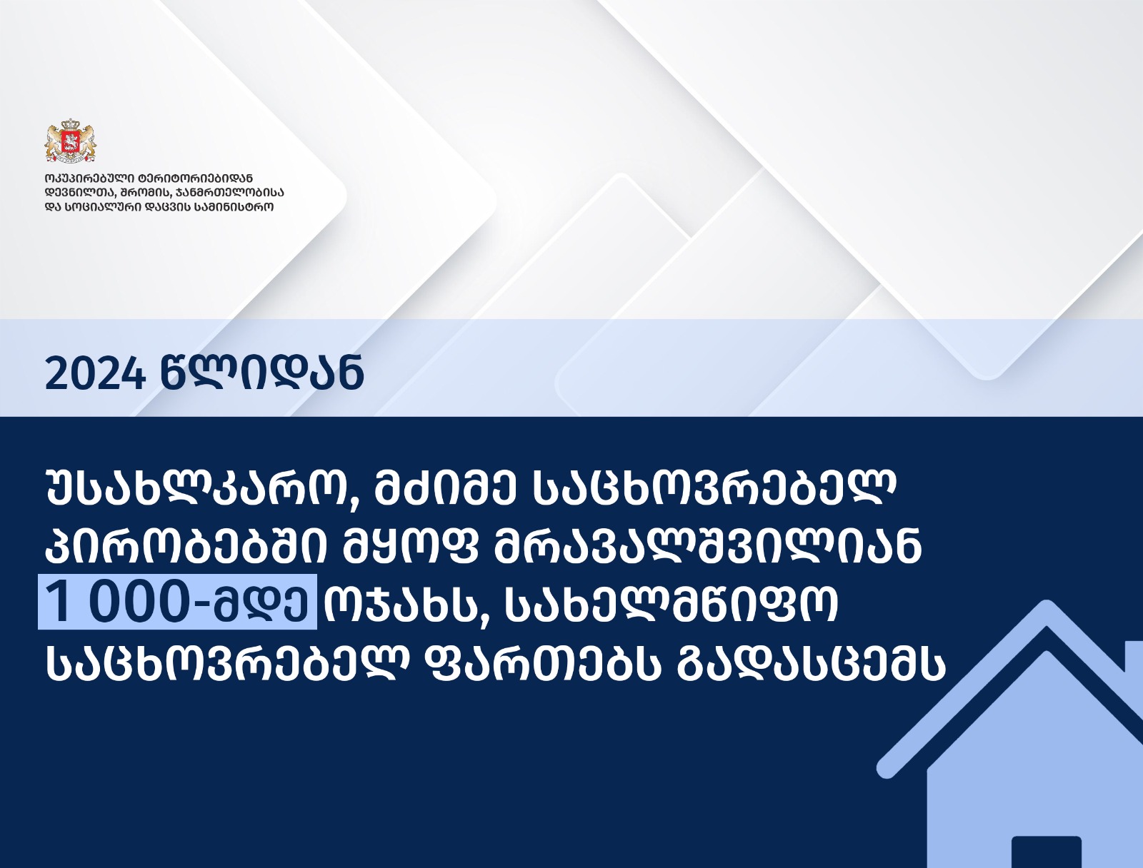 სახელმწიფო საცხოვრებელ ფართებს გადასცემს, 1000-მდე მრავალშვილიან სოციალურად დაუცველ ოჯახს
